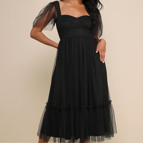 DRESS w/ POCKETS!! Black Tulle Bustier Swiss Dot Midi Dress -Elegant & Romantic - Picture 1 of 12